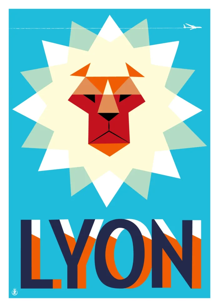 Affiche d'une figure abstraite de lion en orange et bleu par Monsieur Z