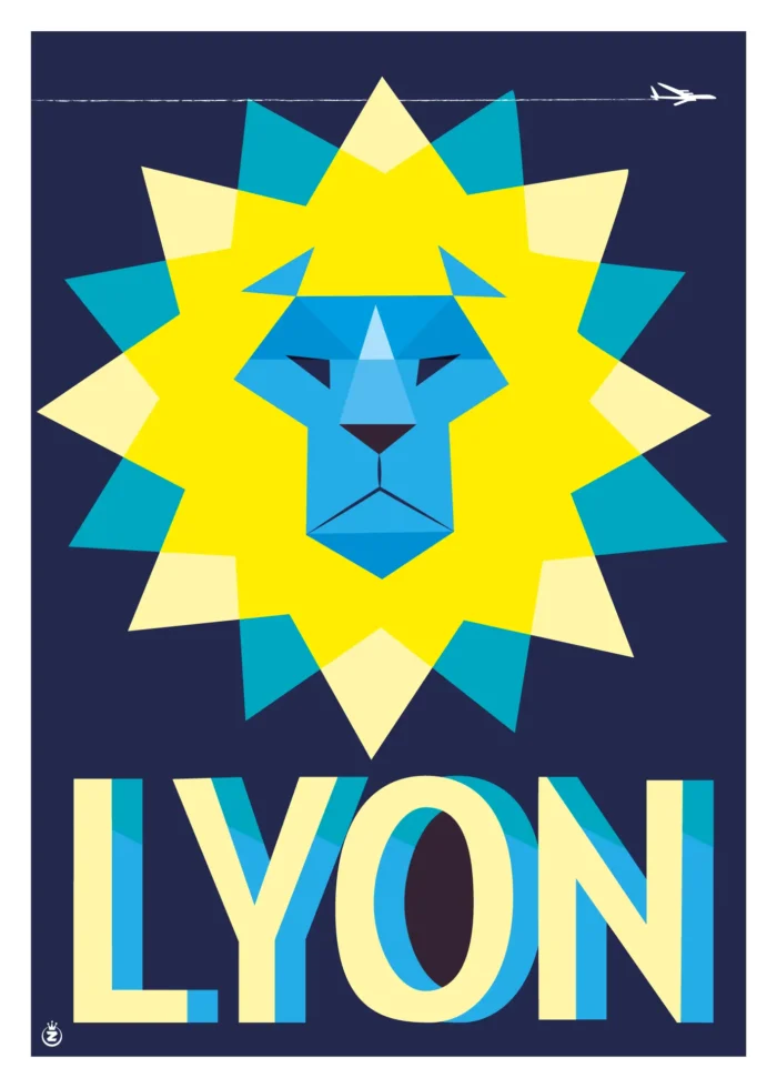 Affiche d'une figure abstraite de lion en jaune sur bleu nuit par Monsieur Z