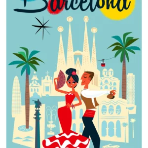 355- Visitez barcelona Toursime, Couple, Vacances, Affiche, Tirage Art, Digigraphie, Illustration, œuvre, Poster, Fine Art, Design. Monsieur Z