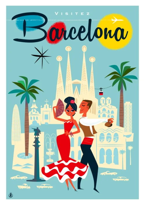 355- Visitez barcelona Toursime, Couple, Vacances, Affiche, Tirage Art, Digigraphie, Illustration, œuvre, Poster, Fine Art, Design. Monsieur Z