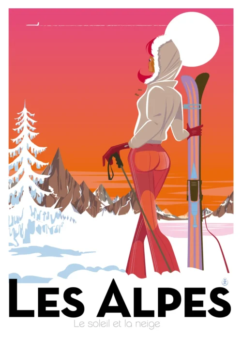 357-Ski alpes femme soleil neige Le soleil et le Neige, Affiche, Tirage Art, Digigraphie, Illustration, œuvre, Poster, Fine Art, Design. Monsieur Z