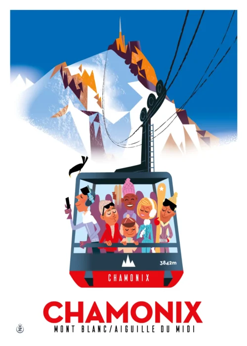 359-téléphérique aiguille rouge Chamonix, mont blanc, aiguille du midi 3842, Affiche, Tirage Art, Digigraphie, Illustration, œuvre, Poster, Fine Art, Design. Monsieur Z