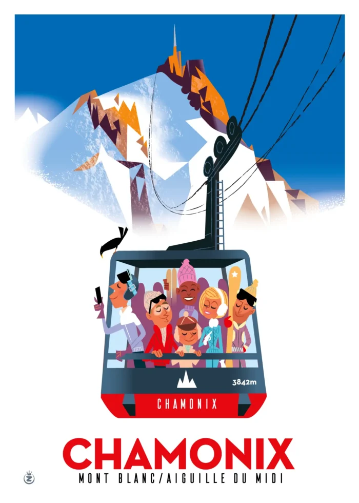 Affiche d'un téléphérique bondé au sommet à Chamonix par Monsieur Z