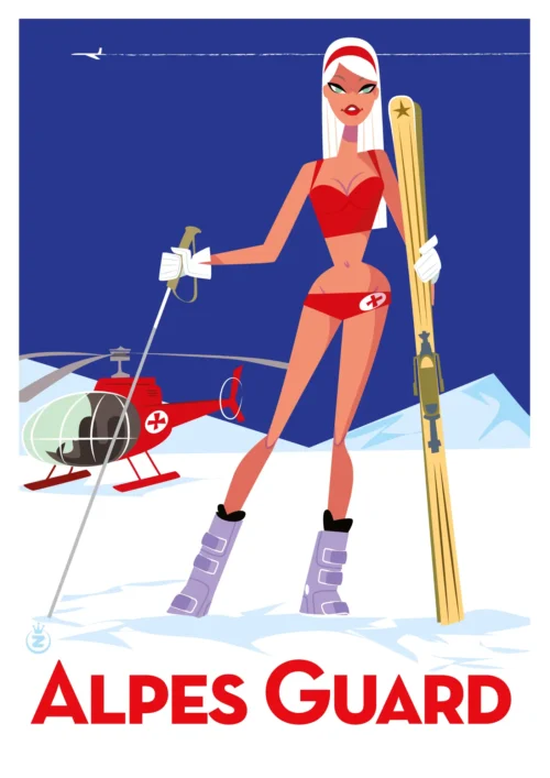 361-Alpes life guard, Femme sur ski en maillot de bain, Affiche, Tirage Art, Digigraphie, Illustration, œuvre, Poster, Fine Art, Design. Monsieur Z