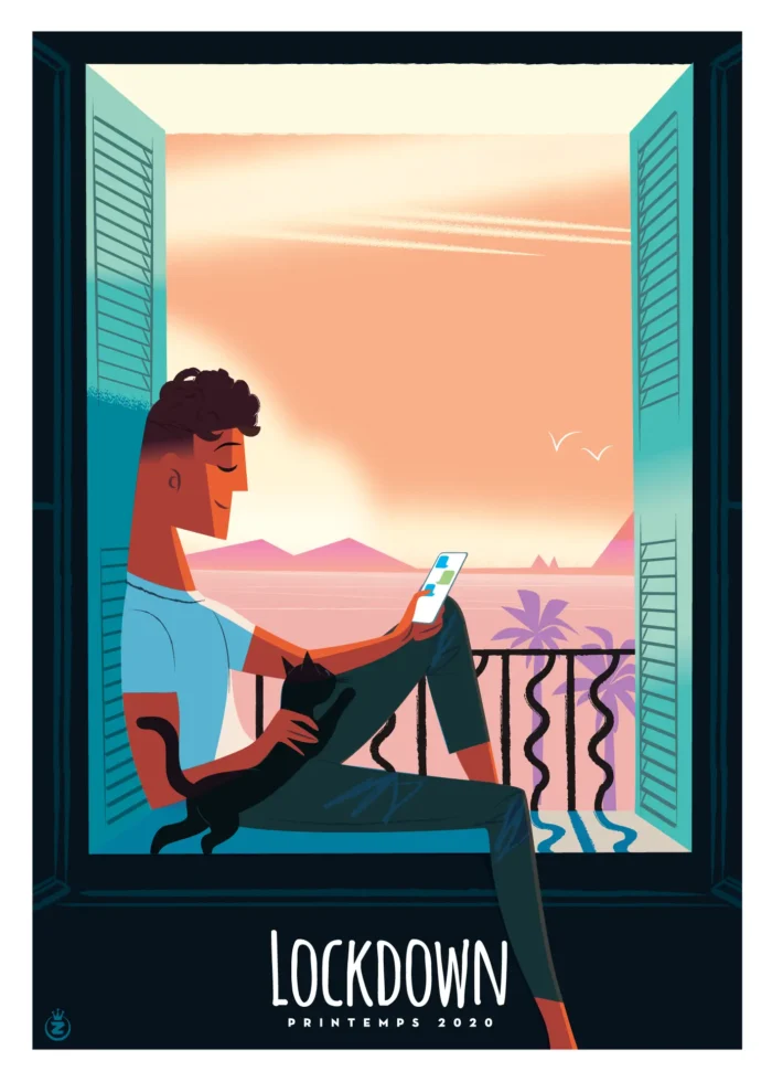 Affiche d'un homme et de son chat à la maison par Monsieur Z