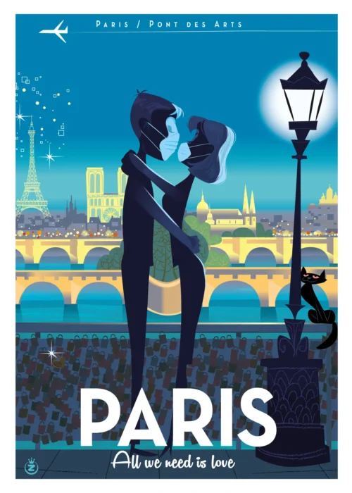 373-paris love mask Covid 19 Pont des arts, Affiche, Tirage Art, Digigraphie, Illustration, œuvre, Poster, Fine Art, Design. Monsieur Z