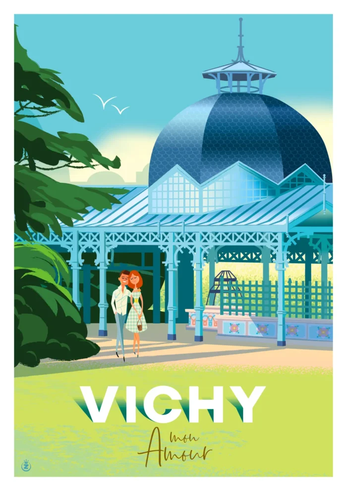 376-vichy mon amour bleu , couple, love, Affiche, Tirage Art, Digigraphie, Illustration, œuvre, Poster, Fine Art, Design. Monsieur Z