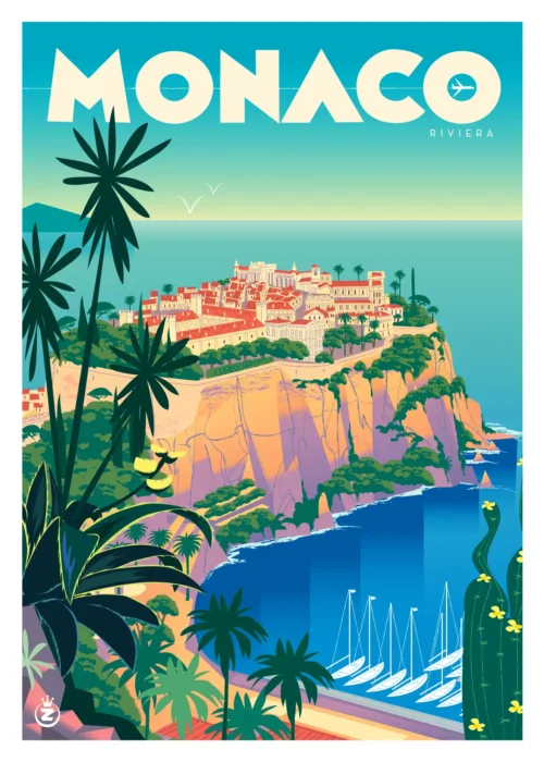 377-monaco rocher riviera vue, Affiche, Tirage Art, Digigraphie, Illustration, œuvre, Poster, Fine Art, Design. Monsieur Z