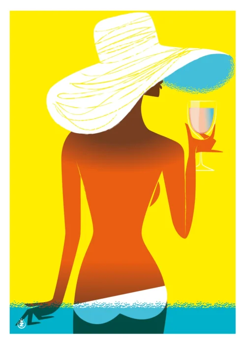 380-rosé fille fond jaune, mer, de dos, Affiche, Tirage Art, Digigraphie, Illustration, œuvre, Poster, Fine Art, Design. Monsieur Z