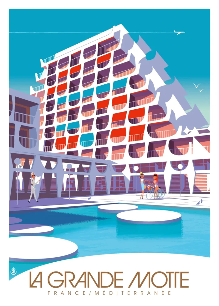 Affiche d'une pyramide de La Grande Motte reflétée dans l'eau par Monsieur Z
