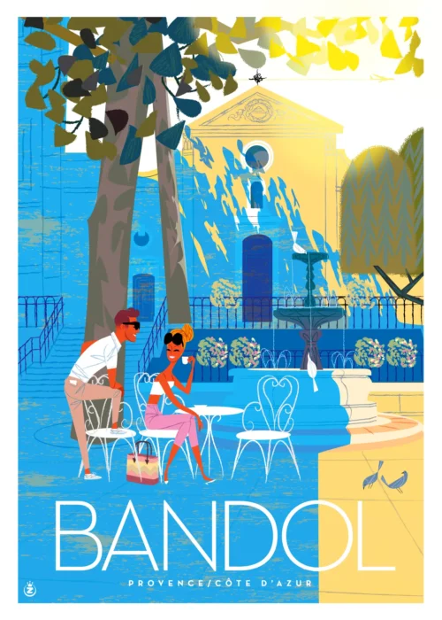 390-Bandol place église, Affiche, Tirage Art, Digigraphie, Illustration, œuvre, Poster, Fine Art, Design. Monsieur Z