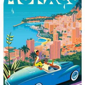 391-Monaco vue, Voiture couple, Affiche, Tirage Art, Digigraphie, Illustration, œuvre, Poster, Fine Art, Design. Monsieur Z