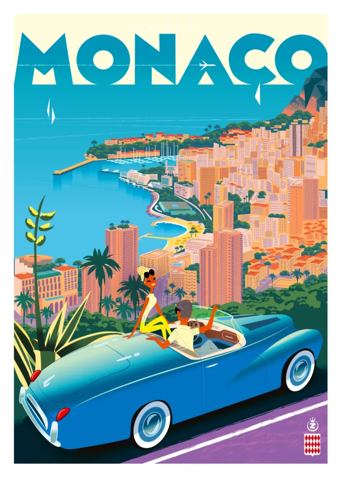 391-Monaco vue, Voiture couple, Affiche, Tirage Art, Digigraphie, Illustration, œuvre, Poster, Fine Art, Design. Monsieur Z
