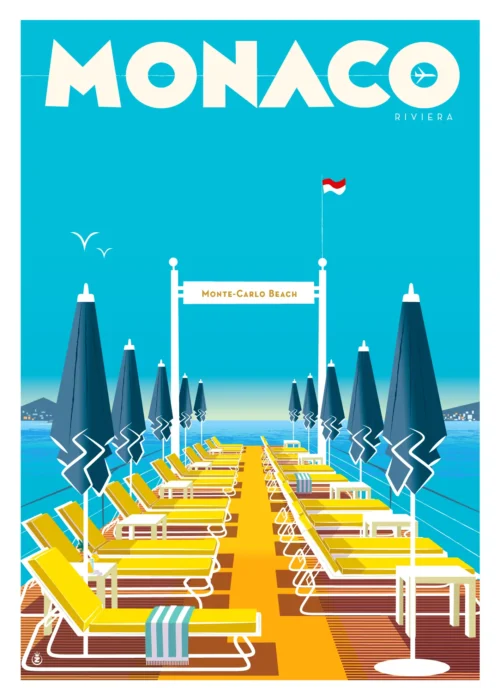 392-Monte carlo beach Monaco Riviera, Monte Carlo Beach, Terrasse, Affiche, Tirage Art, Digigraphie, Illustration, œuvre, Poster, Fine Art, Design. Monsieur Z