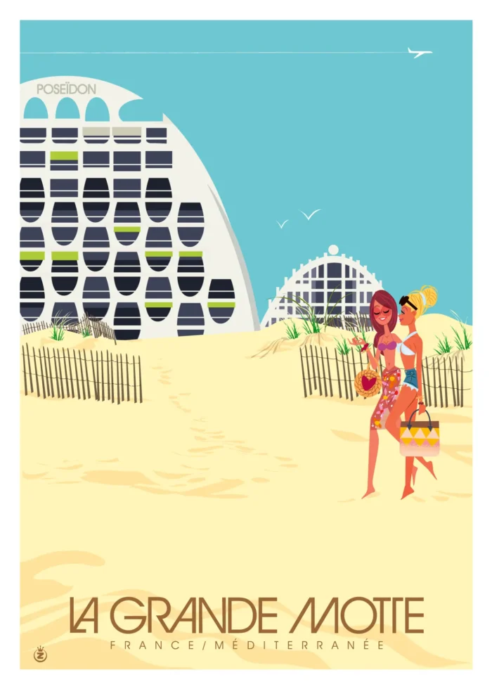Affiche de l'immeuble Poséidon et de la plage à La Grande Motte par Monsieur Z