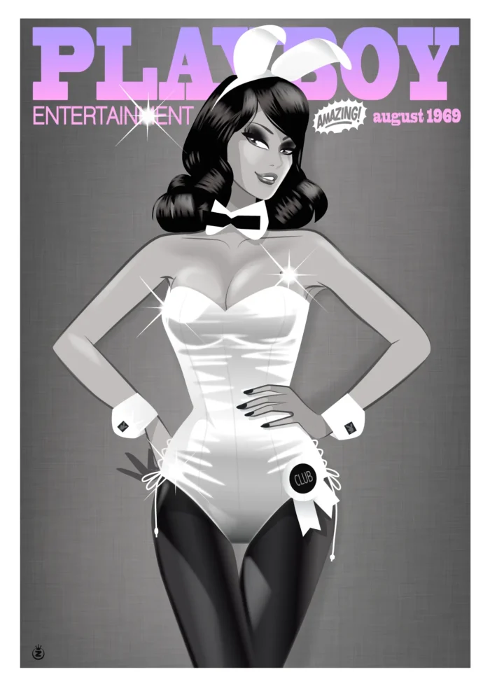 Affiche d'une pin-up en costume de lapin rose par Monsieur Z