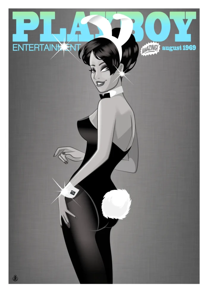 Affiche d'une pin-up en costume de lapin bleu par Monsieur Z