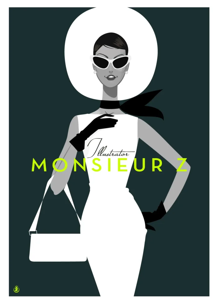 Affiche d'une femme élégante illustrée en noir et blanc par Monsieur Z