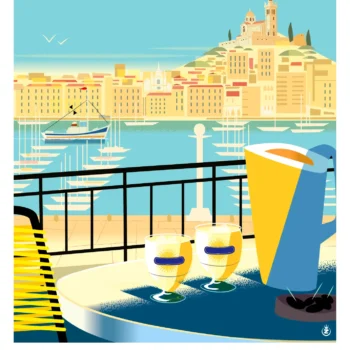 403-ricard marseille, vue sur le port, terrasse du vieux port, Affiche, Tirage Art, Digigraphie, Illustration, œuvre, Poster, Fine Art, Design. Monsieur Z