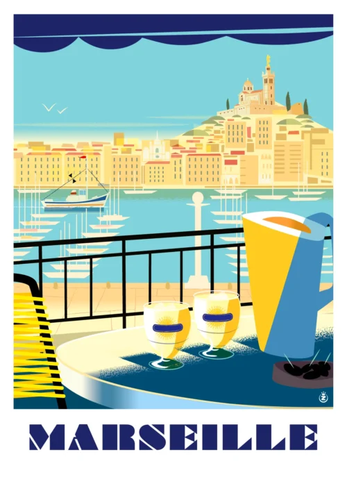 403-ricard marseille, vue sur le port, terrasse du vieux port, Affiche, Tirage Art, Digigraphie, Illustration, œuvre, Poster, Fine Art, Design. Monsieur Z