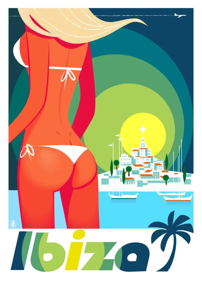 Affiche d'une baigneuse de dos sur une plage d'Ibiza par Monsieur Z