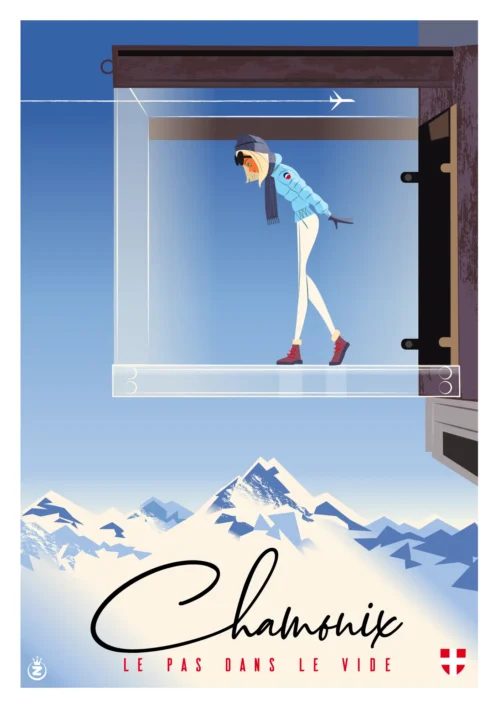 409-Chamonix pas dans vide, Ski, suisse, Affiche, Tirage Art, Digigraphie, Illustration, œuvre, Poster, Fine Art, Design. Monsieur Z
