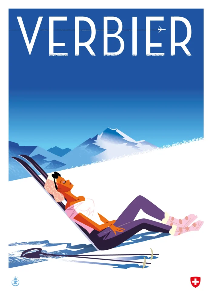 Affiche d'une pause bronzette au milieu des pistes ensoleillées de Verbier par Monsieur Z