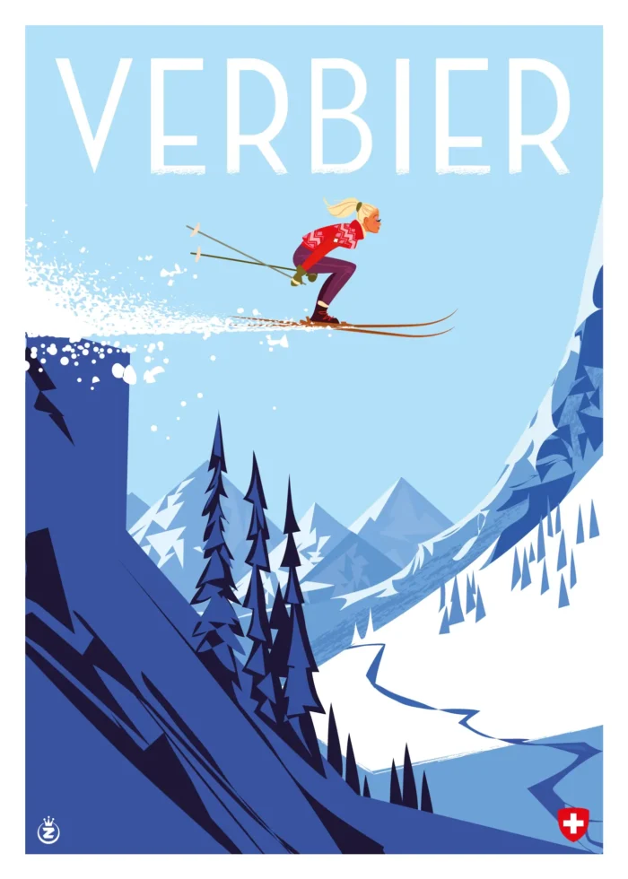 Affiche d'un skieur en plein saut au-dessus des pistes de Verbier par Monsieur Z