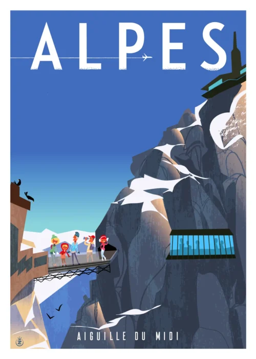 414-Alpes aiguille midi pont Balades, toursite, Affiche, Tirage Art, Digigraphie, Illustration, œuvre, Poster, Fine Art, Design. Monsieur Z