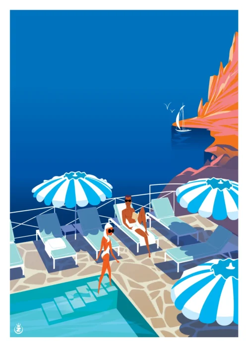 417-roches rouges, Piscine, Hôtel femme et homme, Affiche, Tirage Art, Digigraphie, Illustration, œuvre, Poster, Fine Art, Design. Monsieur Z