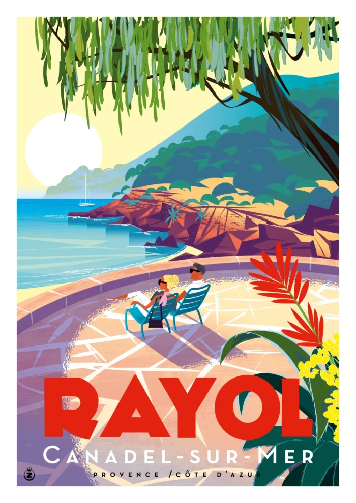 Affiche d'un couple contemplant le coucher de soleil au Rayol par Monsieur Z