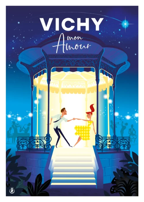 429-Vichy mon amour kiosque nuit couple dansant, Affiche, Tirage Art, Digigraphie, Illustration, œuvre, Poster, Fine Art, Design. Monsieur Z
