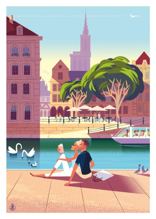 430-strasbourg, cathédral quai Corbeau cygnes, Affiche, Tirage Art, Digigraphie, Illustration, œuvre, Poster, Fine Art, Design. Monsieur Z