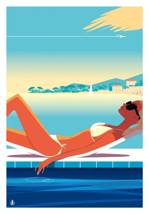 432-femme piscine riviera, allongé, bronzer, mer méditerranée Affiche, Tirage Art, Digigraphie, Illustration, œuvre, Poster, Fine Art, Design. Monsieur Z