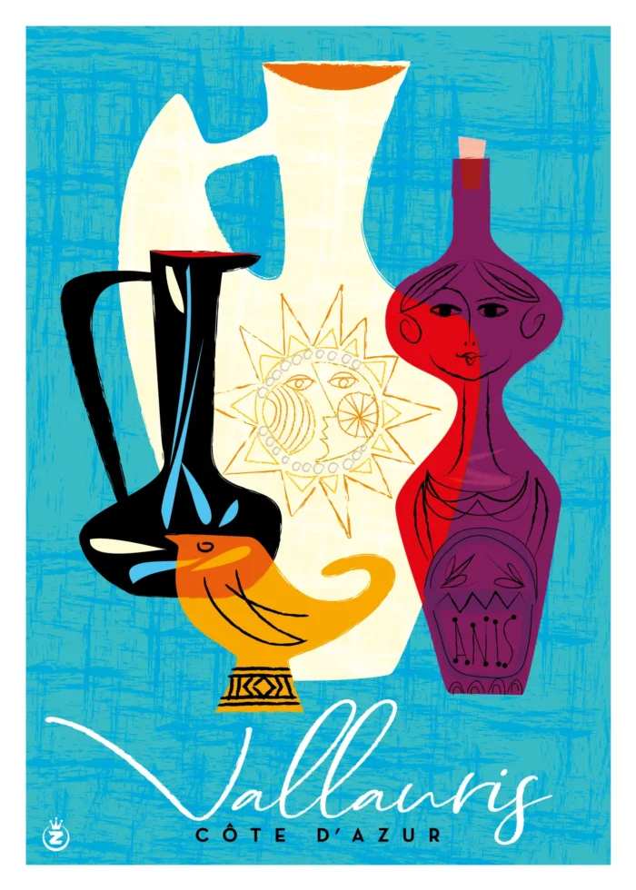 437-Vallauris, céramique, poterie, pots, vases, Côte d'azur, Affiche, Tirage Art, Digigraphie, Illustration, œuvre, Poster, Fine Art, Design. Monsieur Z