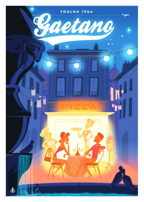 448-Gaetano nuit à toulon depuis 1954, couple mange une pizza, Affiche, Tirage Art, Digigraphie, Illustration, œuvre, Poster, Fine Art, Design. Monsieur Z