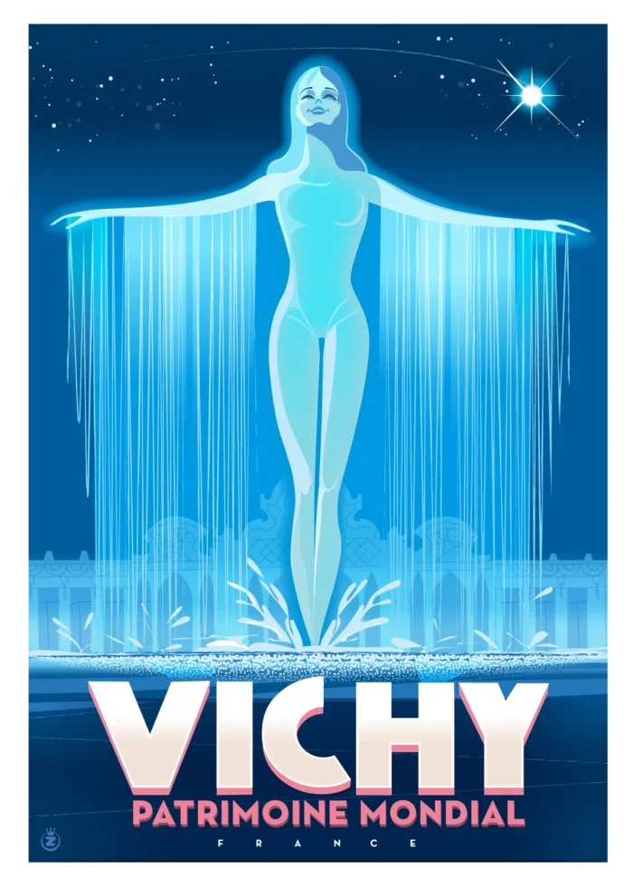 Affiche graphique de la fontaine de Vichy en aplats bleus par Monsieur Z