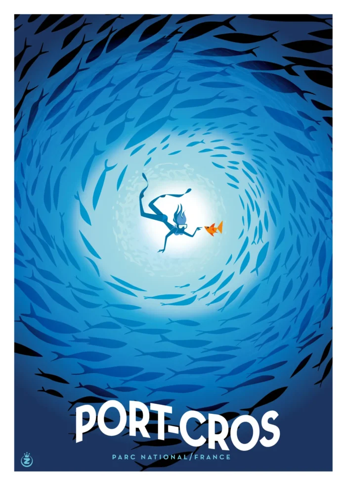 Affiche d'une spirale de poissons dans les eaux de Port-Cros par Monsieur Z