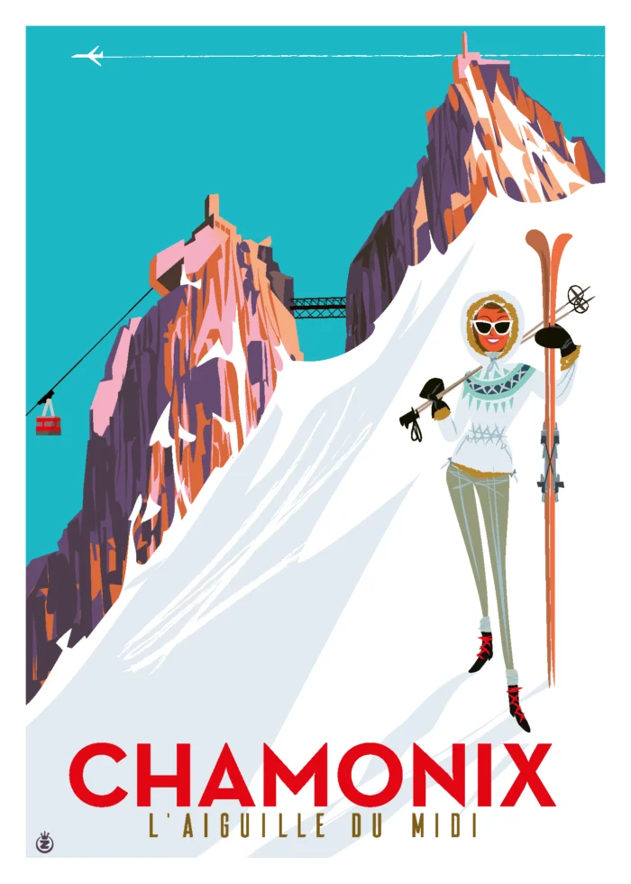 Affiche d'une femme prenant la pose devant l'Aiguille du Midi à Chamonix par Monsieur Z