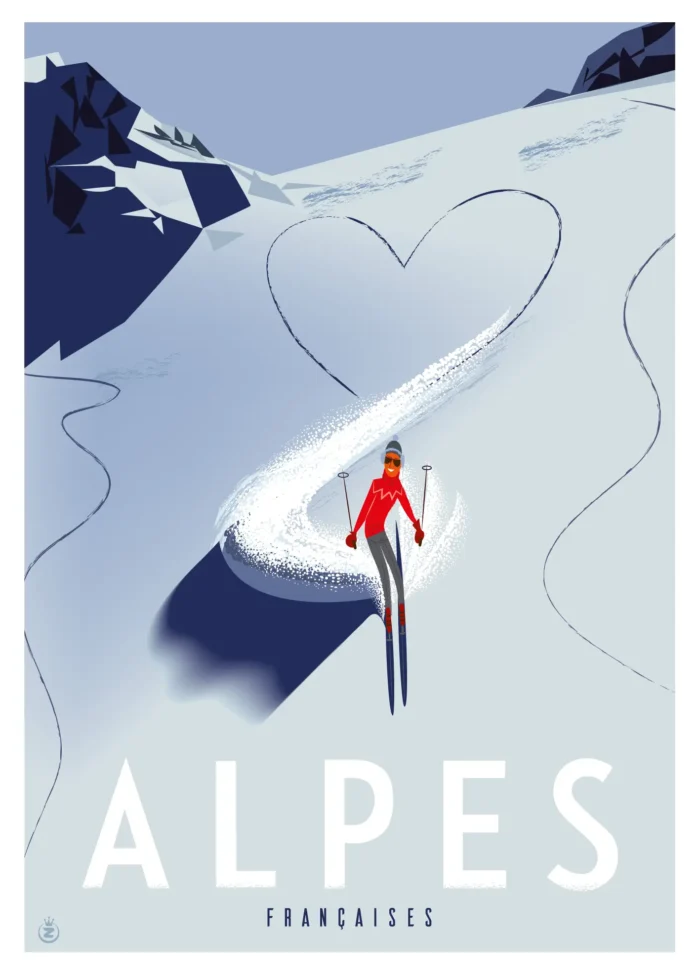 Affiche d'une skieuse pleine de grâce traçant dans la poudreuse des Alpes par Monsieur Z