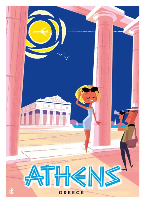 415-Athens Greece, Grèce, Athènes, Vacances, Tourisme. Affiche, Tirage Art, Digigraphie, Illustration, œuvre, Poster, Fine Art. Monsieur Z
