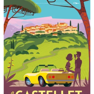 442-Castellet, Voiture, village. Affiche, Tirage Art, Digigraphie, Illustration, œuvre, Poster, Fine Art. Monsieur Z