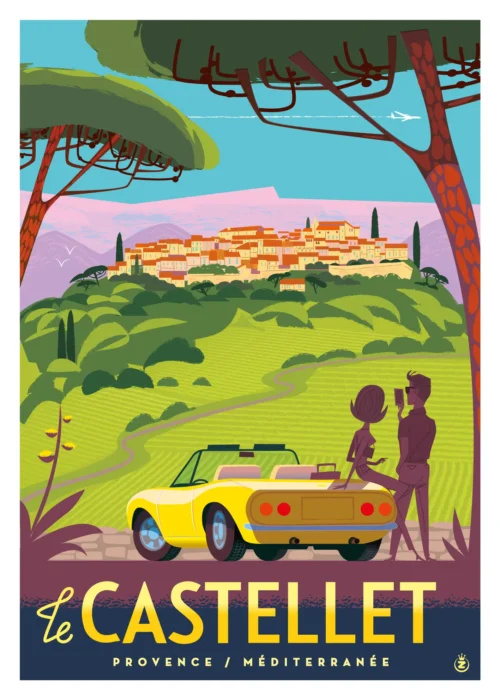 442-Castellet, Voiture, village. Affiche, Tirage Art, Digigraphie, Illustration, œuvre, Poster, Fine Art. Monsieur Z