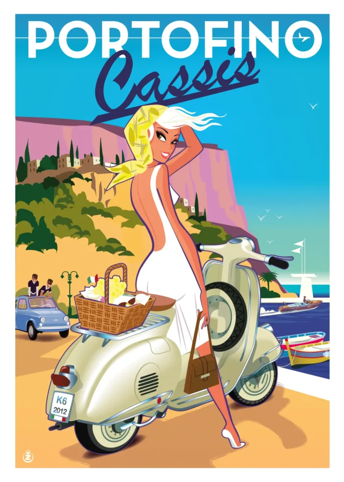 Affiche d'une femme rentrant du marché italien sur son Vespa par Monsieur Z