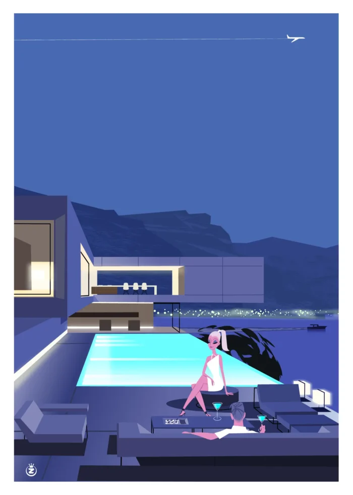 Affiche d'un cocktail au bord d'une piscine dans une ambiance moderne de nuit par Monsieur Z