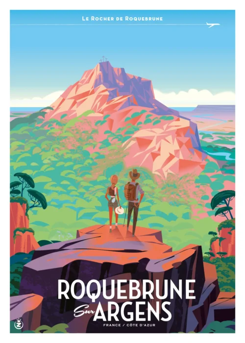 461-Roquebrune sur argens, Randonnée en montagne vue sur la côte d'azur, le rocher de roquebrune, Affiche, Tirage Art, Digigraphie, Illustration, œuvre, Poster, Fine Art, Design. Monsieur Z