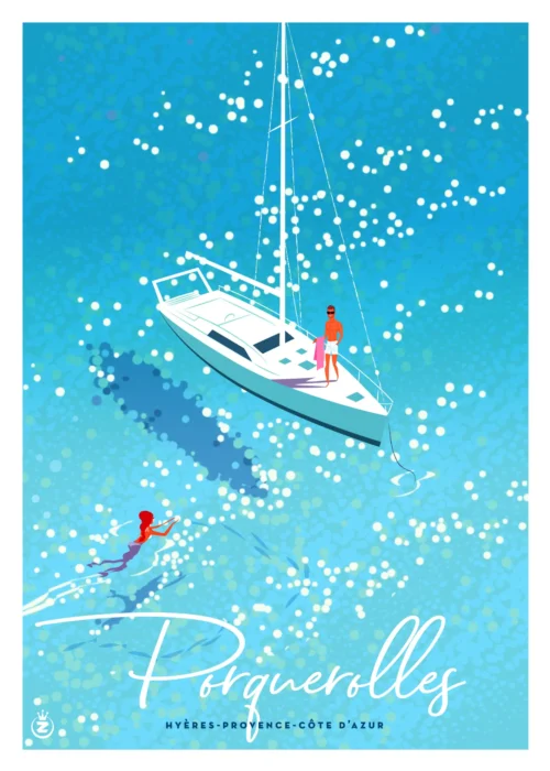 462-Porquerolles sparkling Baignade à Hyères, provences côte d'azur, Affiche, Tirage Art, Digigraphie, Illustration, œuvre, Poster, Fine Art, Design. Monsieur Z