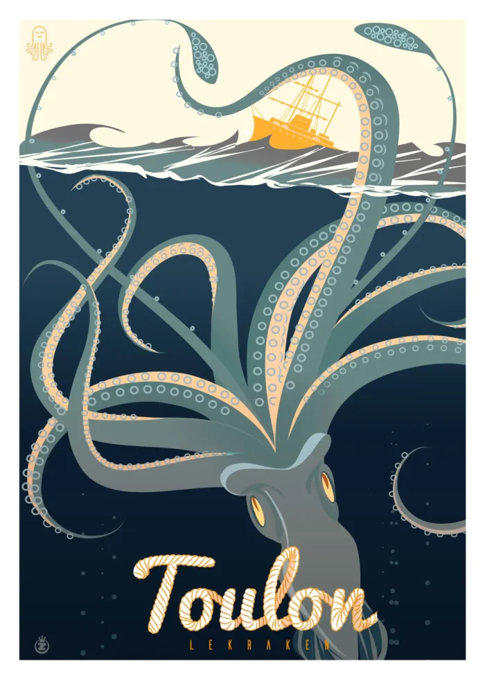 Affiche du Kraken gris surgissant de la rade de Toulon par Monsieur Z