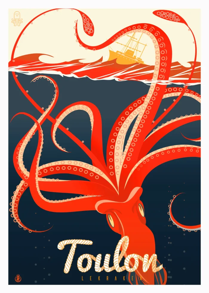 Affiche du Kraken rouge surgissant de la rade de Toulon par Monsieur Z