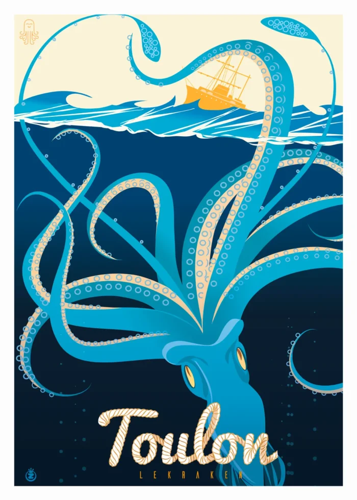 Affiche du Kraken bleu surgissant de la rade de Toulon par Monsieur Z